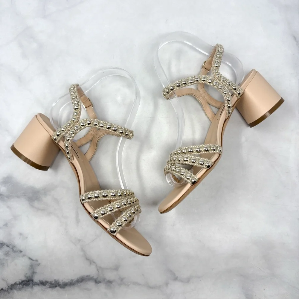 NEW Casadei Studsway Pearl Studded Strappy Open Toe Kitten Block Heel Sandals 36